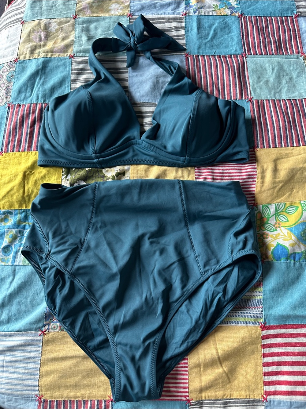 Athleta High-Waist Teal Women's Bikini Set - Padded Halter Top